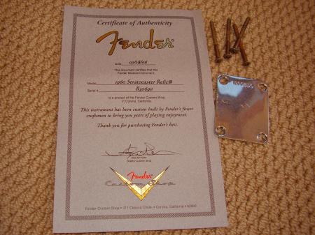 1960 Relic 2006 Fender Stratocaster Neck Plate & COA