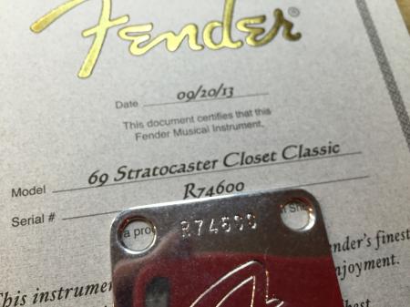 1969 2013 Fender COA & Neck Plate With Screws Custom Shop Strat