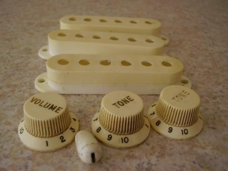 1957 ORIG FENDER STRATOCASTER PICKUP COVERS,NOBS,TIP