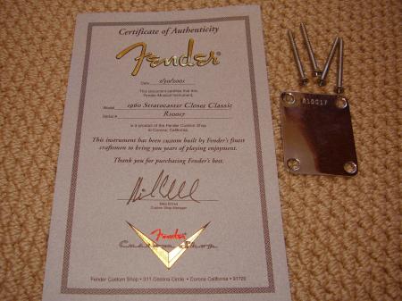 1960 Closet Classic  2001 Fender Strat Neck Plate & COA