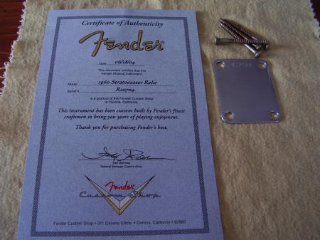 1960 RELIC CUSTOM SHOP NECK PLATE AND COA