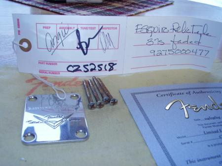 1959 ESQUIRE LIMITED EDITION USA CUSTOM SHOP FENDER NECK PLATE & COA