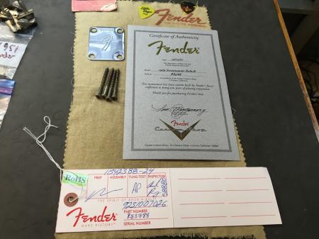 1969 2016 Fender Custom Shop Heavy Relic Strat COA & Neck Plate With Screws