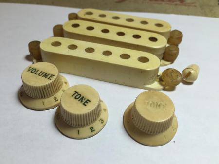 1963 FENDER STRAT VOL & Tone Knobs  3 Way Tip & Pickup Covers