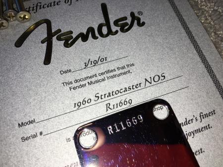 1960 2001 3/19/01 Fender Custom Shop Strat COA & Neck Plate
