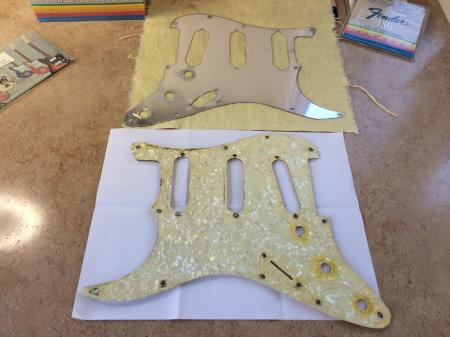 1968 ORIG Nice Patina Pearliod Back Fender Strat Pickguard & Shield