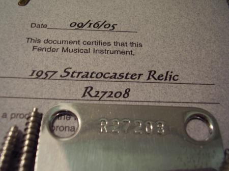 1957 Relic Fender Custom Shop COA & Neck Plate with Screws