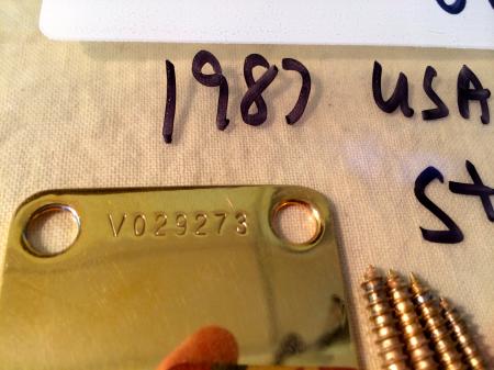  1987 1957 RI NOS MINT USA FENDER STRAT Gold Neck Plate & Screws