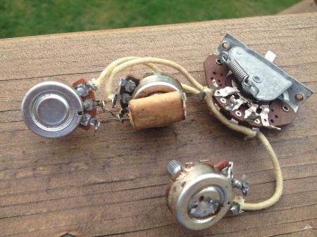 1957 ORIG FENDER STRATOCASTER POTS, 3 WAY & CAP WITH CLOTH WIRES