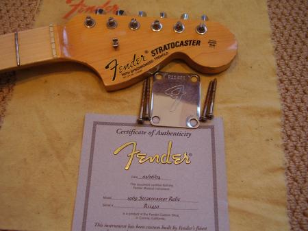 1969 RELIC MAPLE CAP FENDER STRAT NECK & COA & Plate