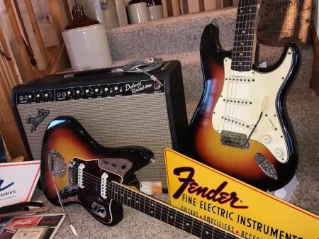 1965 Orig Fender Strat.  Deluxe Reverb Amp.  Jaguar Under The Bed